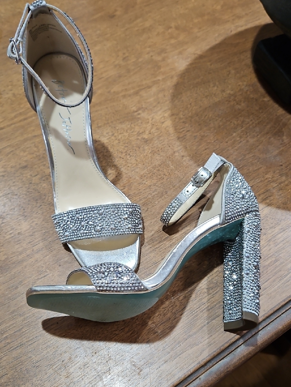 Betsey Johnson Silver Crystal Ankle-Strap Block Heels